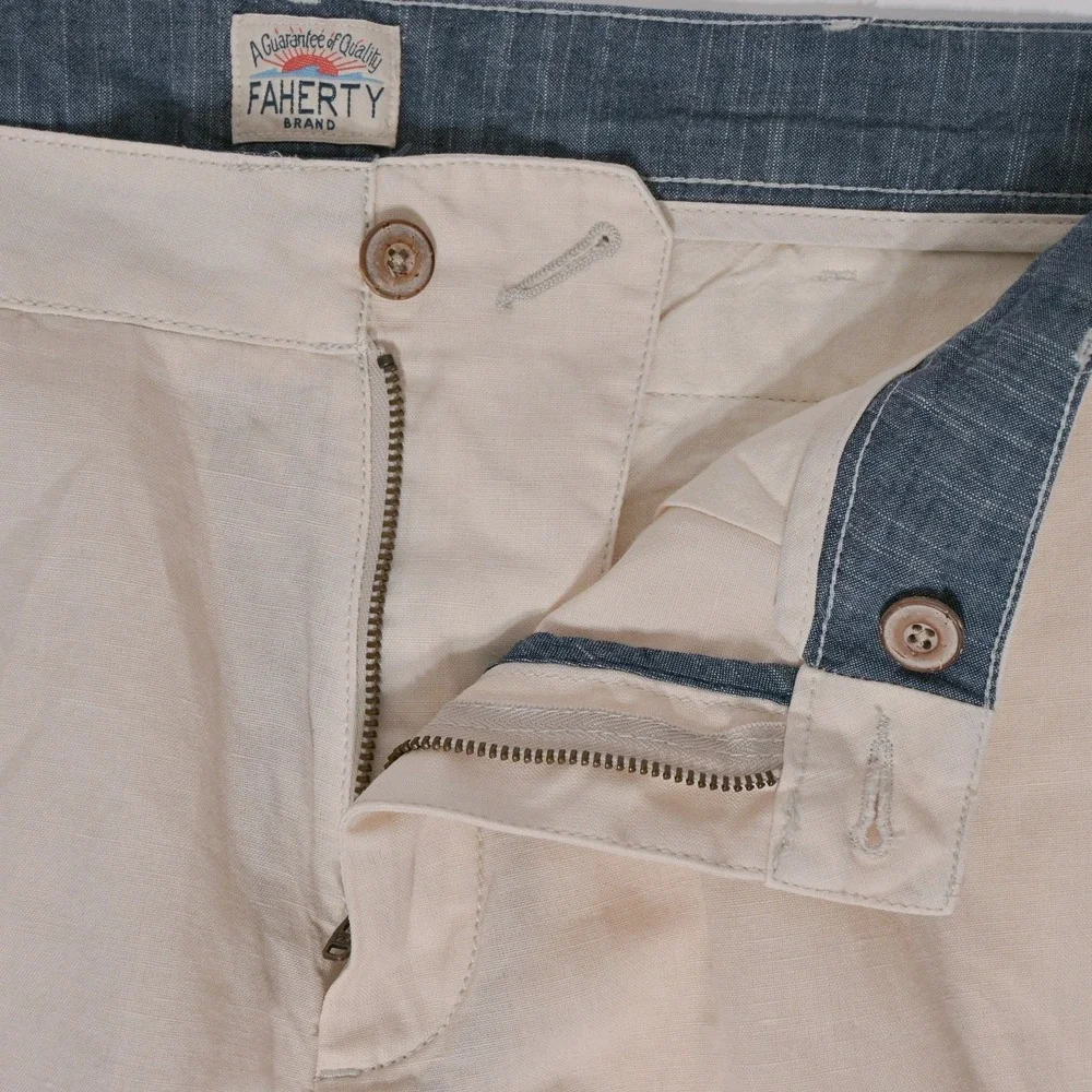 Faherty Malibu Chino Shorts Men's Sz 34 Beige Linen Cotton Blend Casual Light
